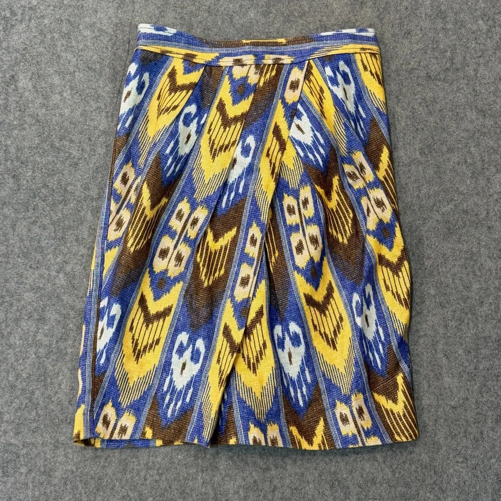 Tory Burch Yellow Blue Ikat Linen Jemima Tulip Hem Midi Skirt Women's Size 4